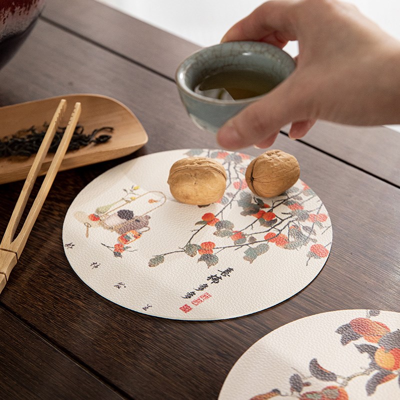 中式水墨风小圆皮革防水防油餐垫可定制一擦及净防烫餐桌杯垫桌垫