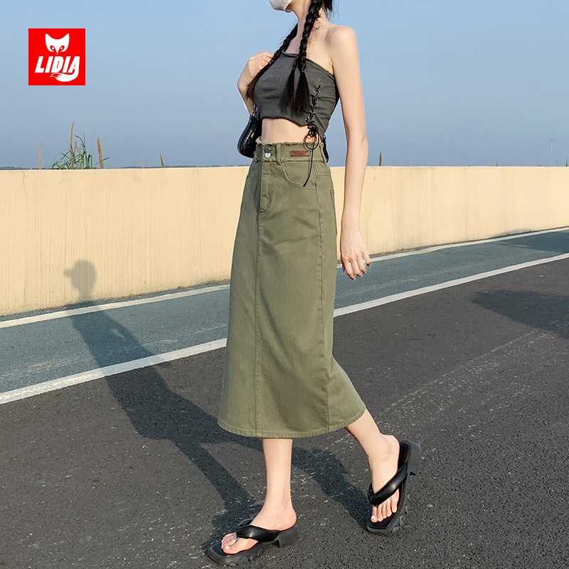 军绿色毛边牛仔裙遮肚子半身裙女夏季款高腰显瘦后开叉a字包臀裙