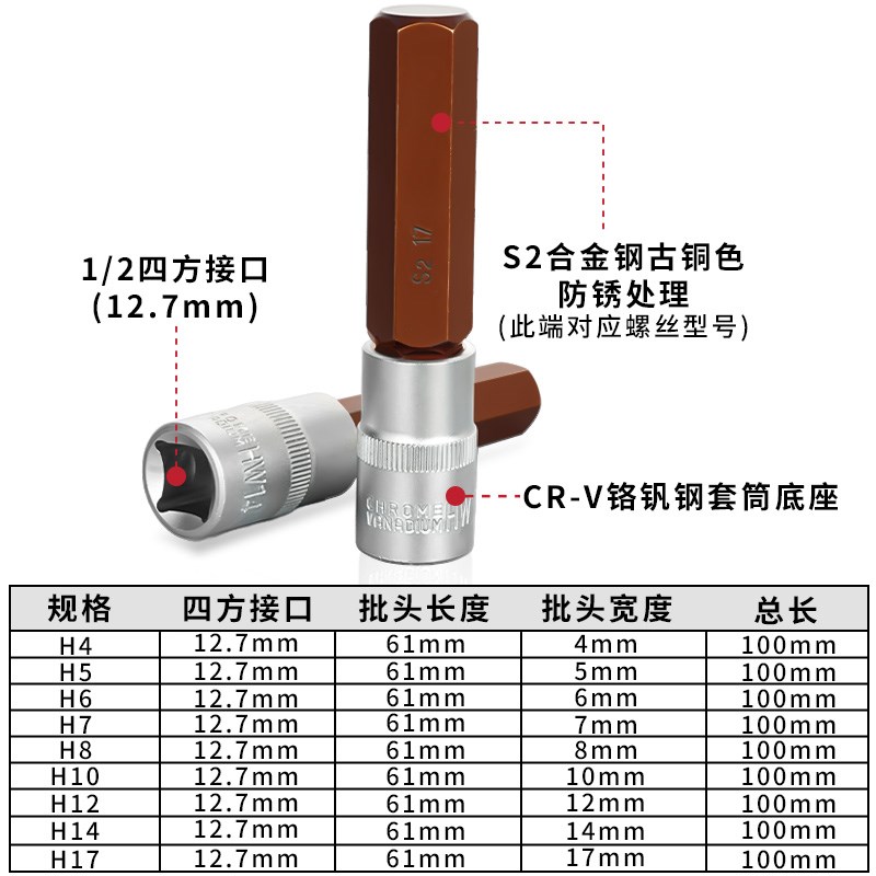 S2合金钢电动扳手内六角套装加长H4H17大飞内6角风炮批头旋具套筒
