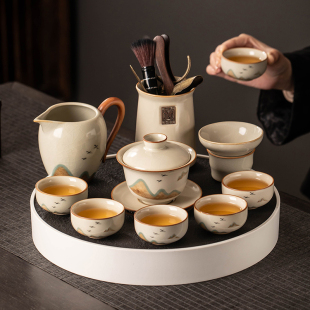 汝窑功夫茶具套装 2024新款 家用陶瓷盖碗茶杯泡茶办公会客茶盘小套