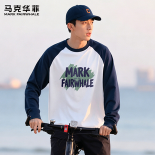 马克华菲美式休闲T恤男长袖纯棉都市松弛感撞色插肩秋季男装上衣S