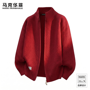 马克华菲酒红色针织开衫外套男节日氛围感穿搭毛衣秋冬保暖毛衫S