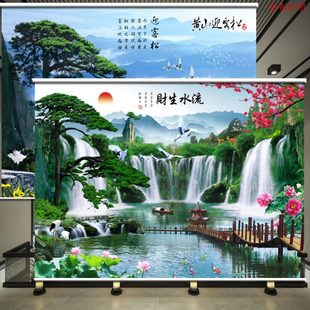 定制山水风景画手拉升降窗帘卷帘办公室挂画家用客厅卧室遮光拉帘