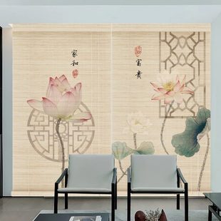 竹帘子禅意隔断帘复古荷花卷帘升降遮光遮阳帘窗帘子装 中式 饰挂帘