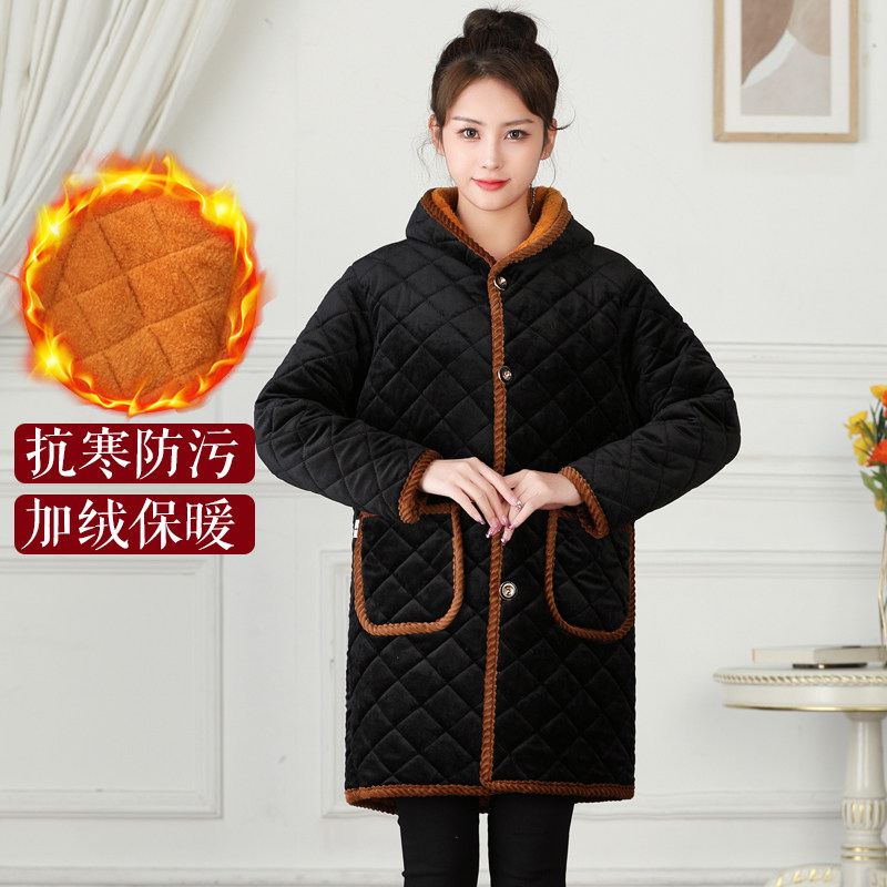 冬季罩衣大人中长款工作服防污女大褂加厚加绒保暖妈妈外套围裙