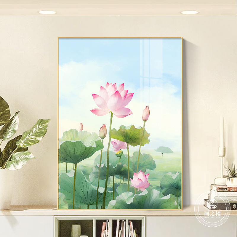 和气生财现代简约客厅装饰画晶瓷写实桌面摆画高级感荷花玄关挂画图片