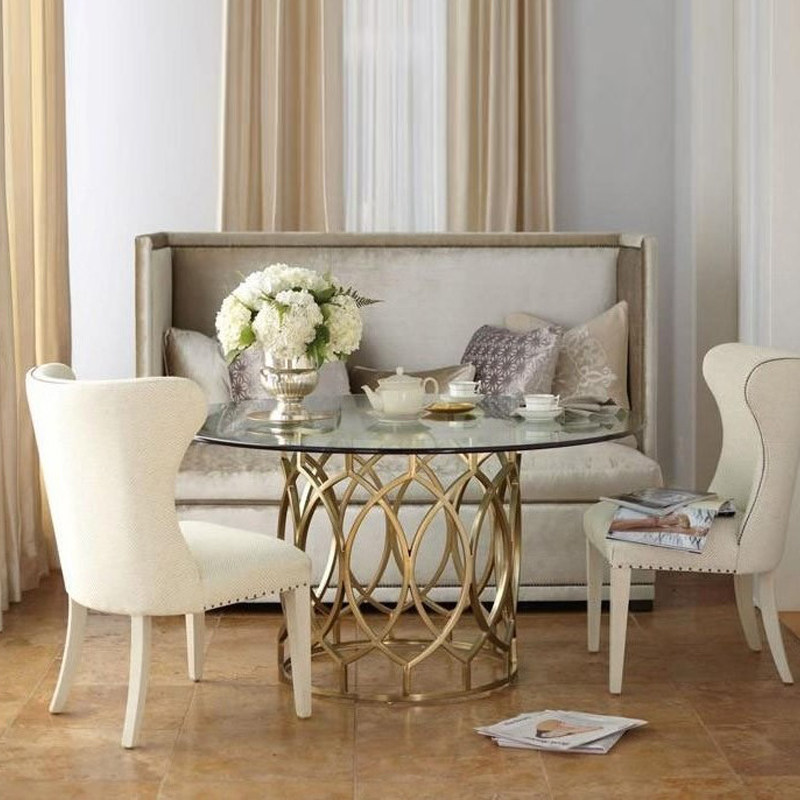 新古典圆餐桌玻璃餐台欧式餐桌拉丝黄铜圆桌子饭厅桌洽谈桌,住宅家具,玻璃餐桌,淘宝优惠券,粉丝福利购,淘宝优惠卷