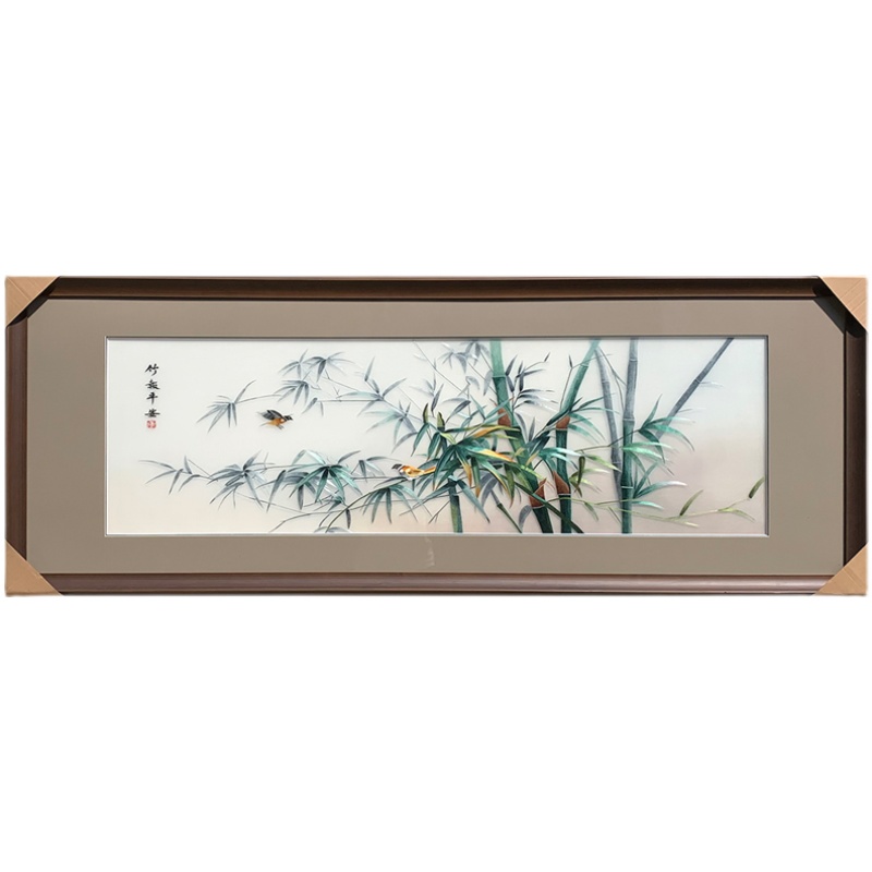 刺绣大幅横版竹子花鸟餐厅客厅书房装饰手工苏绣成品竹报平安挂画