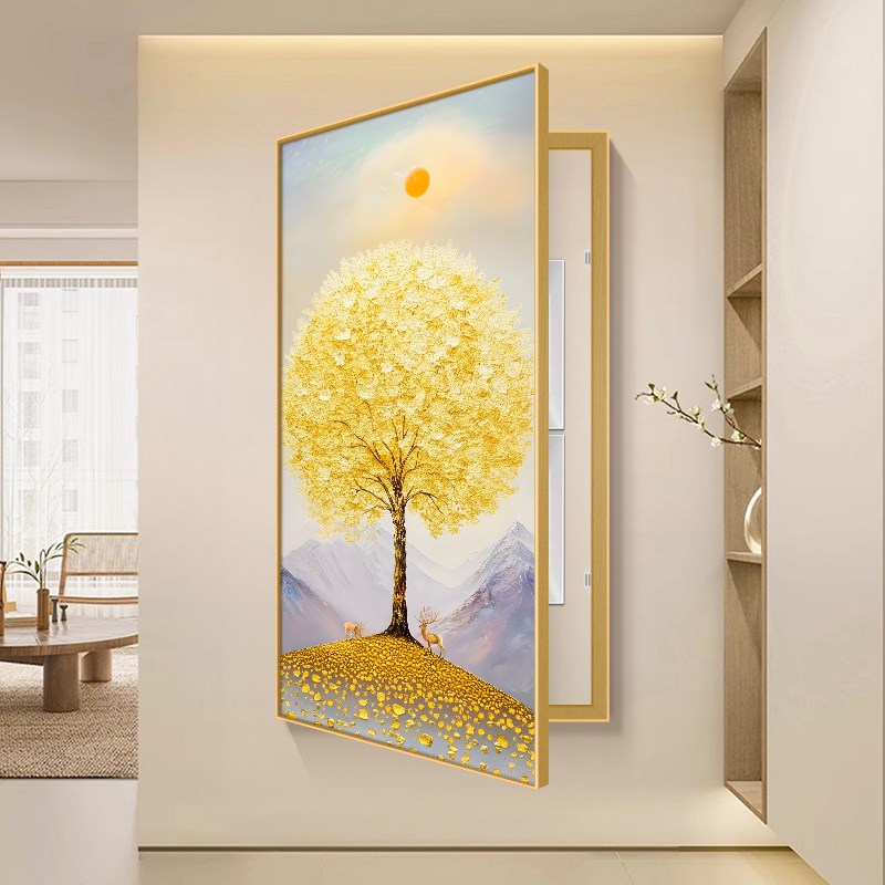 发财树玄关遮挡电表箱装饰画现代轻奢配电箱竖版挂画家用遮丑壁画图片