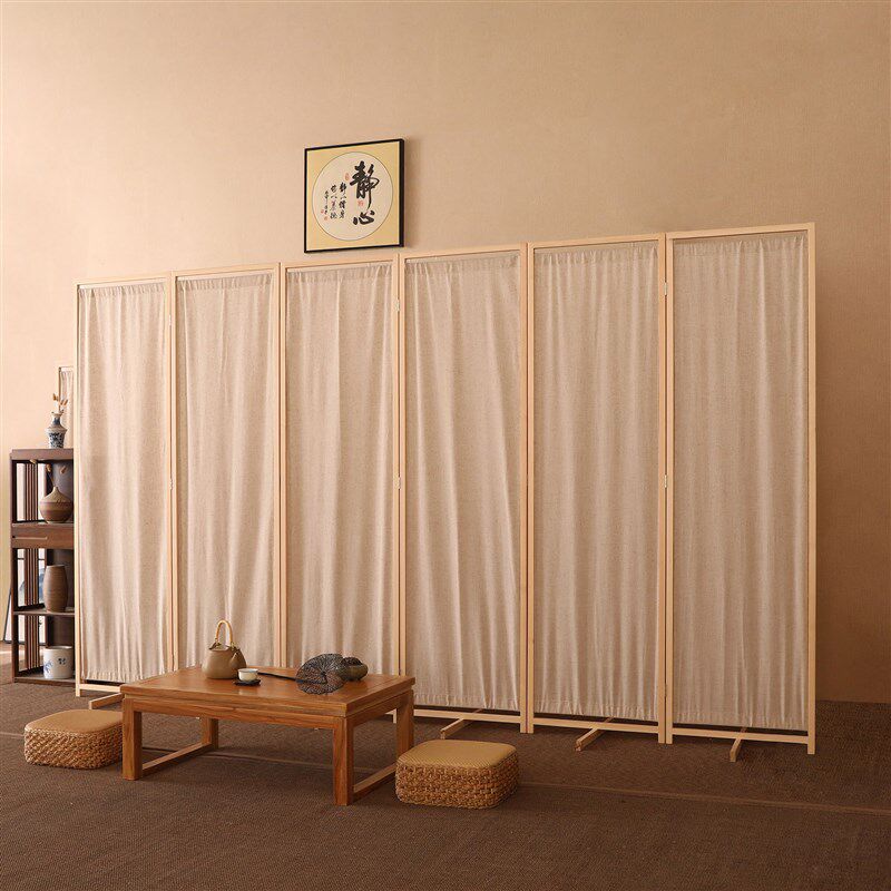 实木亚麻布艺屏风入户客厅玄关现代民俗田园布艺折屏
