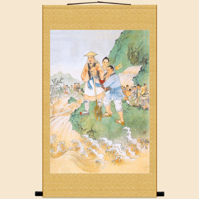 明清复古版 大禹治水人物画像 神话故事绢布卷轴挂画 装饰画定制