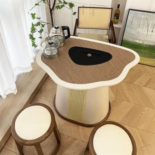 茶桌奶油风阳台小户型实木茶桌简约现代家用异形岩板泡茶台椅组合