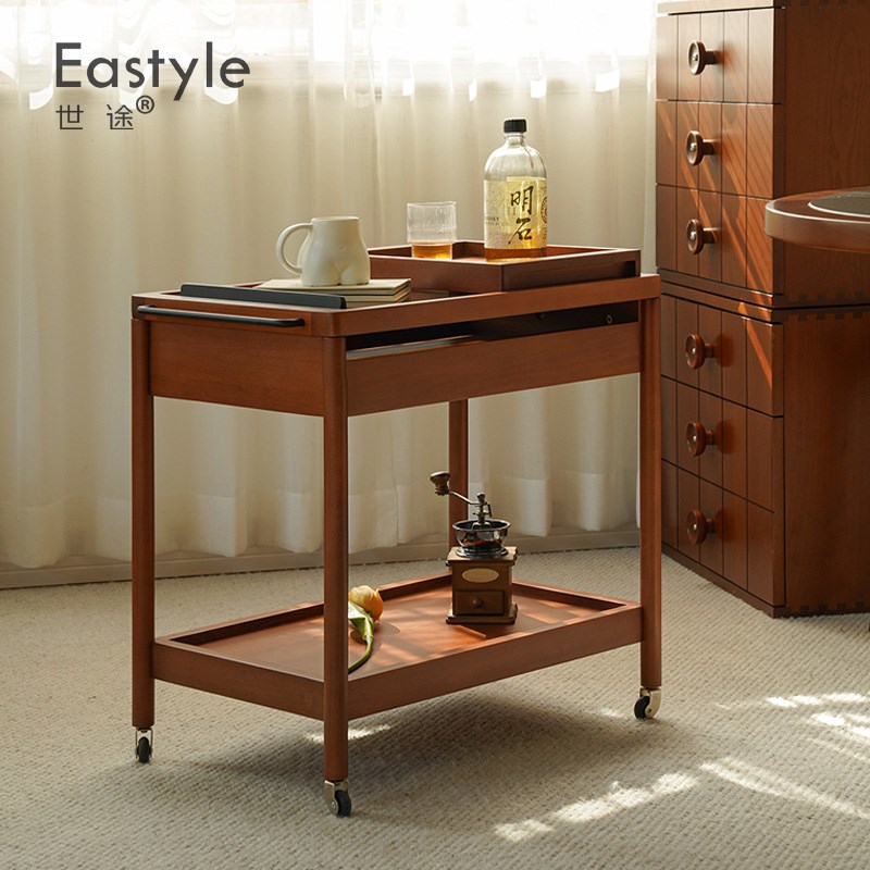 复古实木边几北欧客厅可移动小推车中古J沙发推拉茶几置物架酒水