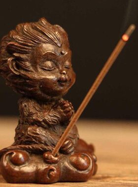 纯铜手工实心茶宠小物件 坐禅孙悟空打坐猴香插 齐天大圣小摆件