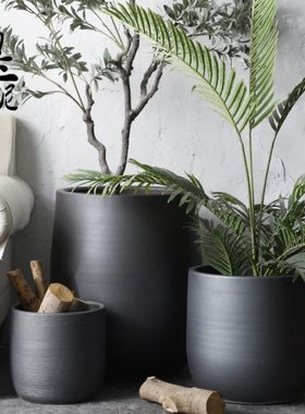 绿植北欧花盆现代简约花瓶室内植物橡皮树黑色陶瓷水培大口径陶盆