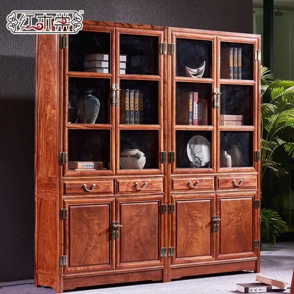 红木刺猬紫檀书柜素面花梨木书柜陈列储物柜置物柜办公室书柜四门