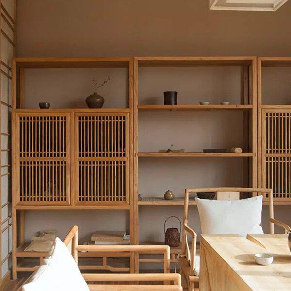 新中式书架书柜三件套组合实木原木色博古架展示置物架老榆木架子