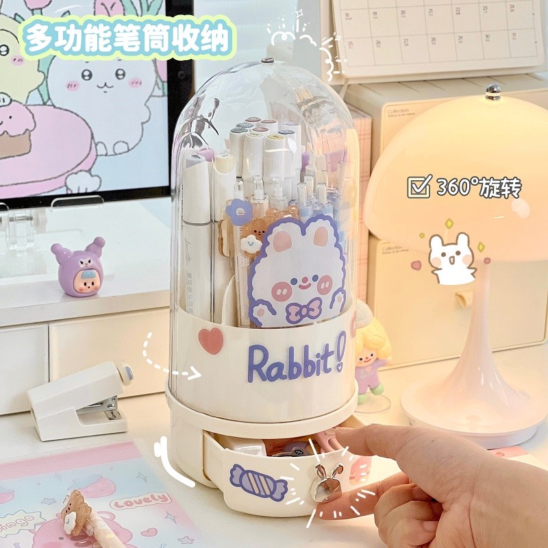 桌面旋转c笔筒化妆刷收纳盒简约透明防尘置物架梳妆台书桌办公室