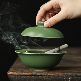 防飞灰带盖摆件 汝窑烟灰缸创意家用客厅轻奢高级感烟缸陶瓷中式