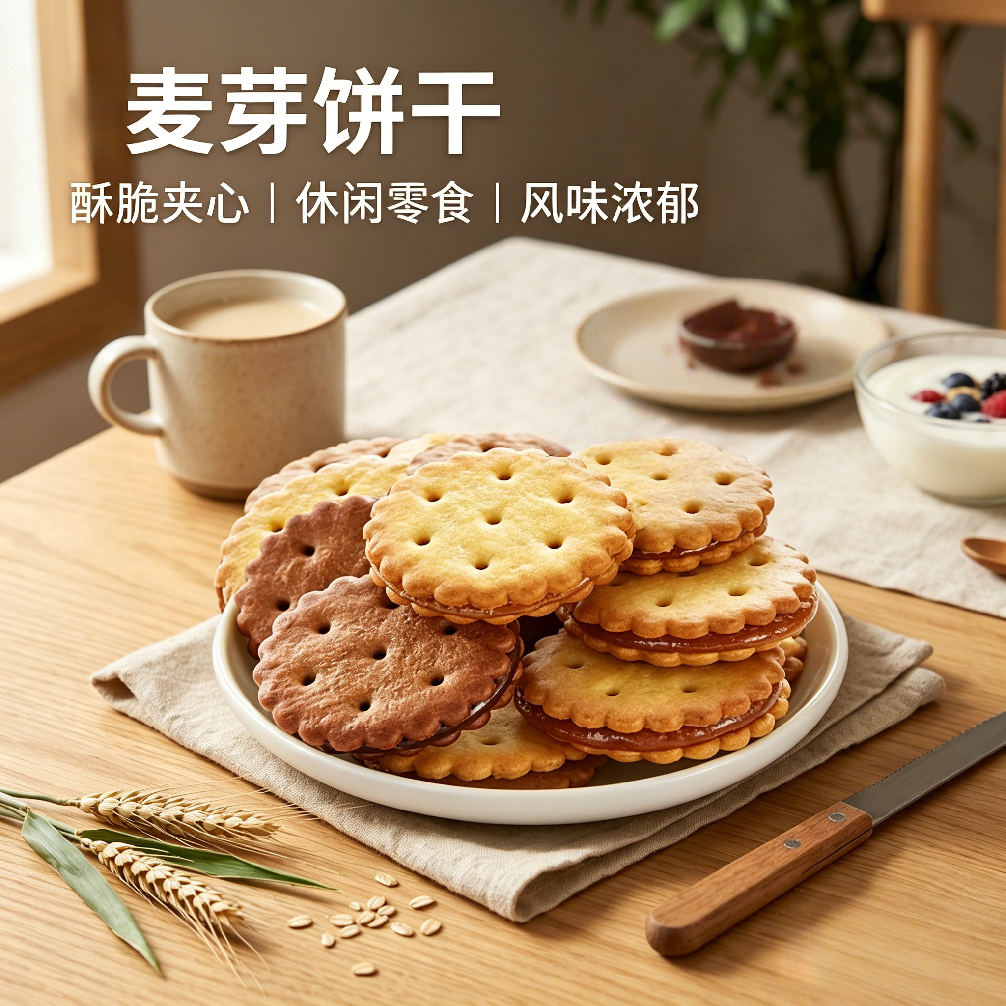 农科院麦芽夹心饼干咸蛋黄味夹心黑糖小圆饼宿舍休闲网红解馋零食