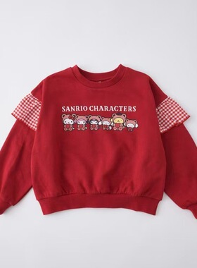 卡通kt猫花边圆领大红色卫衣长袖