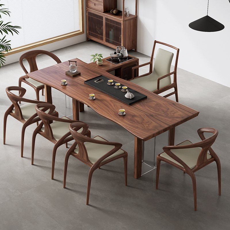 北美黑胡桃木大板茶桌椅组合 实木办公桌书桌原木新中式整板茶台