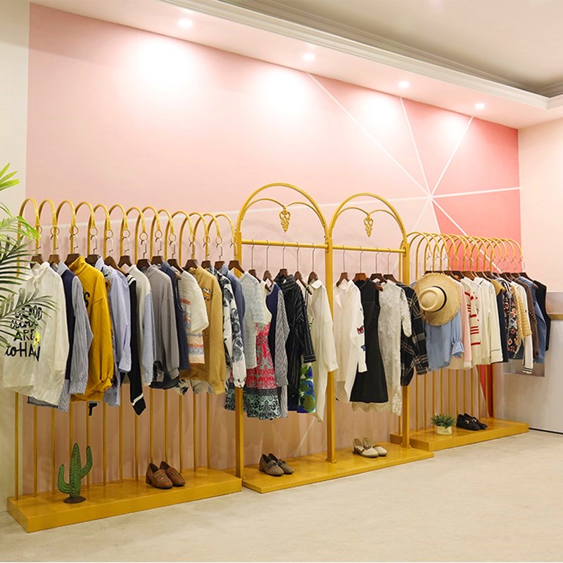 金色服装店中岛架衣架展示架落地式个性女装店陈列货架挂衣服架子