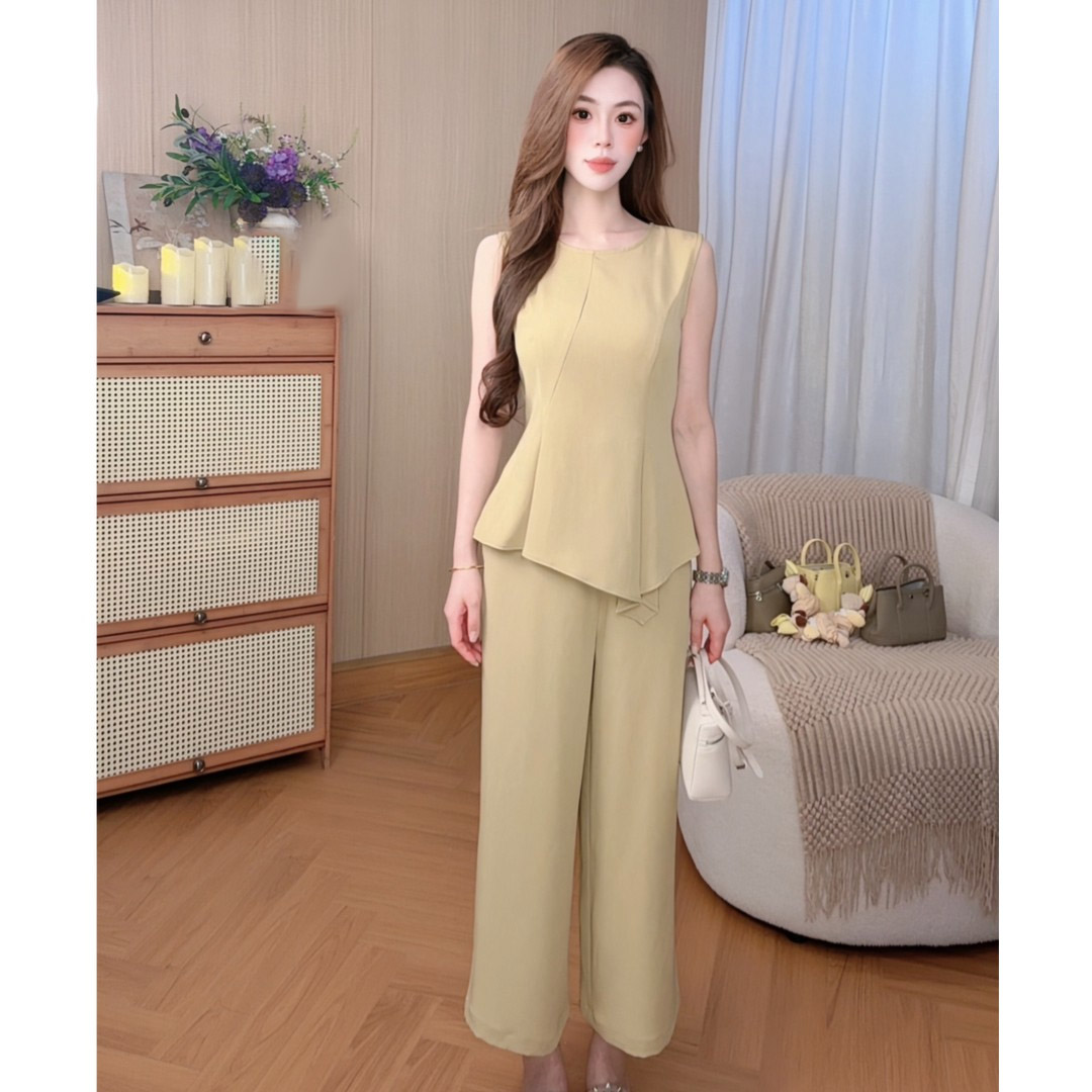 女夏仿醋酸阔腿九分裤显瘦套装图片