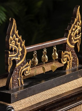 异丽泰国木质创意铜铃摆件实木雕刻东南亚客厅会所装饰工艺品摆件