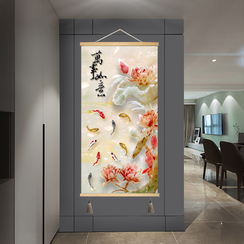荷花入户玄关装饰画2022款过道走廊轻奢客厅墙画有框挂画布艺画图片