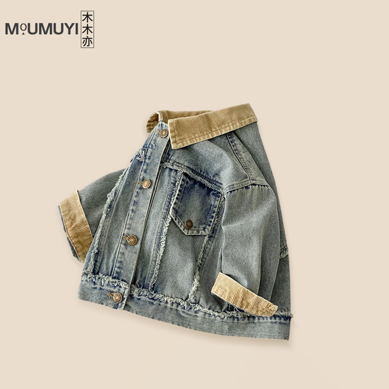 儿童韩版短款拼接牛仔外套2025秋