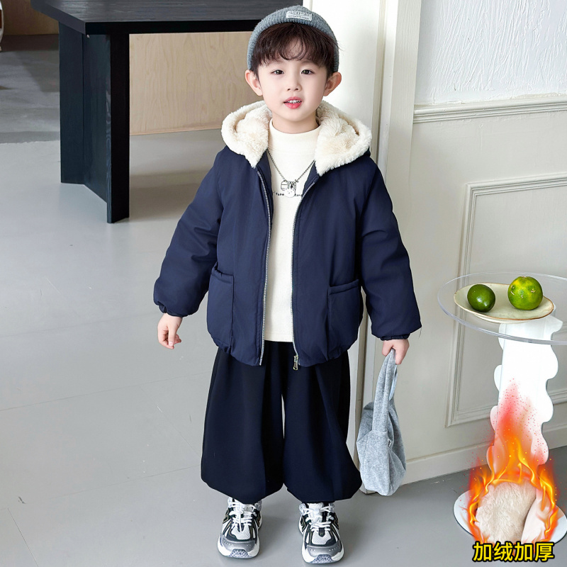 男加绒加厚纯色连帽棉衣秋冬新款