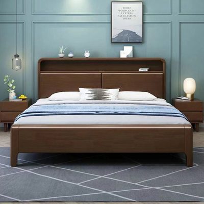 胡桃色实木床1.8米双人床原木北欧床简约主卧储物床1.35米单人床