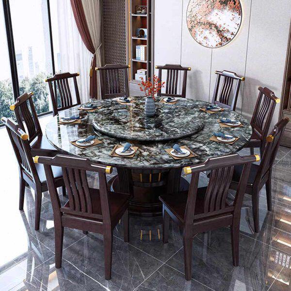 超晶石实木餐桌椅组合10人家用圆形新中式酒饭店大理石圆桌带转盘
