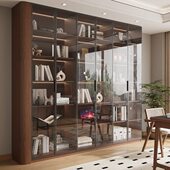 实木定制书柜圆弧玻璃门橡木展示柜定制整墙一体到顶书架去客厅化