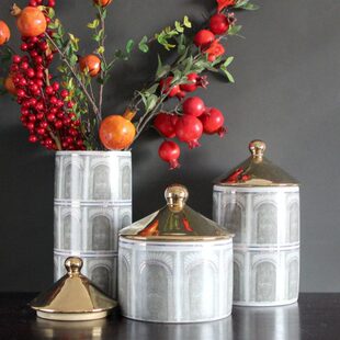 欧式建筑造型装饰陶瓷罐摆件现代轻奢客厅柜样板房售楼软装饰花瓶