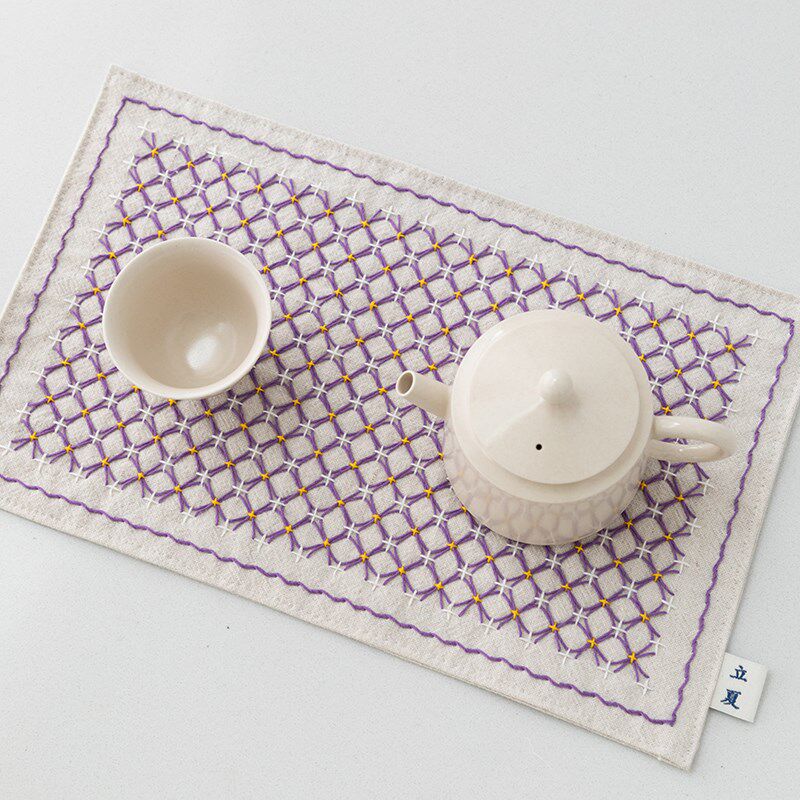 赏味生活紫阳花刺棉麻生成色 刺子绣茶席材料包 手工DIY自绣刺绣