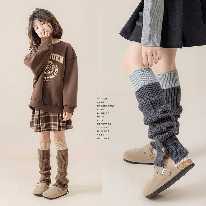 儿童长筒袜套秋冬季复古拼色堆堆袜女童针织开叉纽扣保暖小腿袜套
