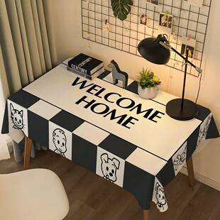 卡通线条桌布ins风多巴胺餐桌垫布防尘小狗垫布少女心长方桌垫布