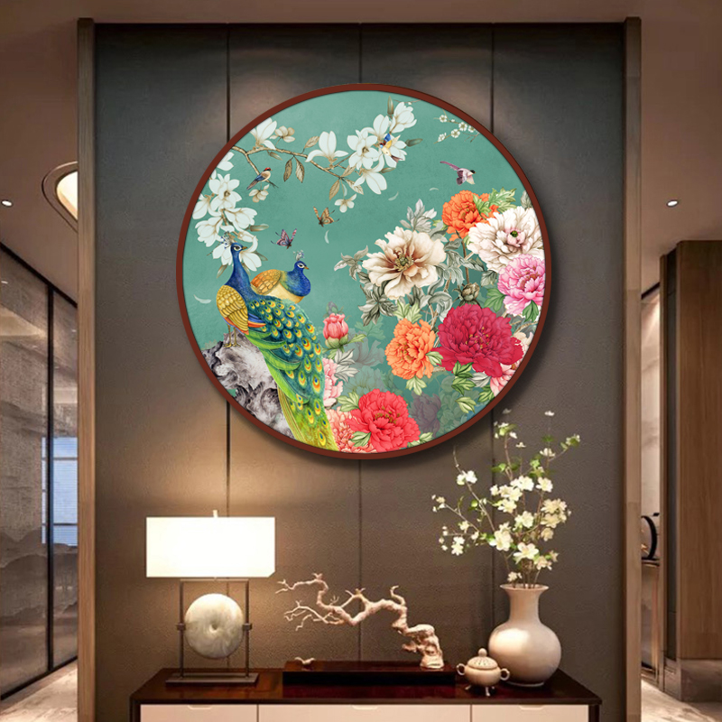 富贵牡丹花客厅挂画新中式圆形玄关装饰画中国风走廊过道尽头壁画图片