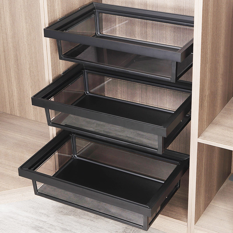 衣柜拉篮抽屉伸缩滑轨衣帽间衣橱抽拉裤架家用收纳玻璃金属储物篮