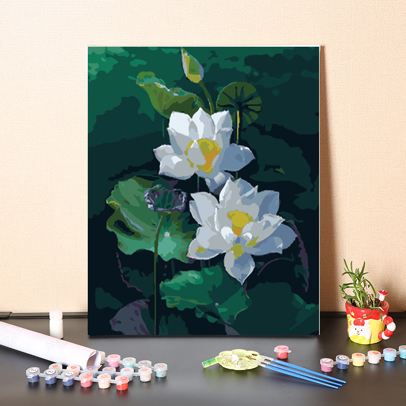 数字油画diy填充中国风手工填色画画荷花素雅风景丙烯装饰油彩画图片