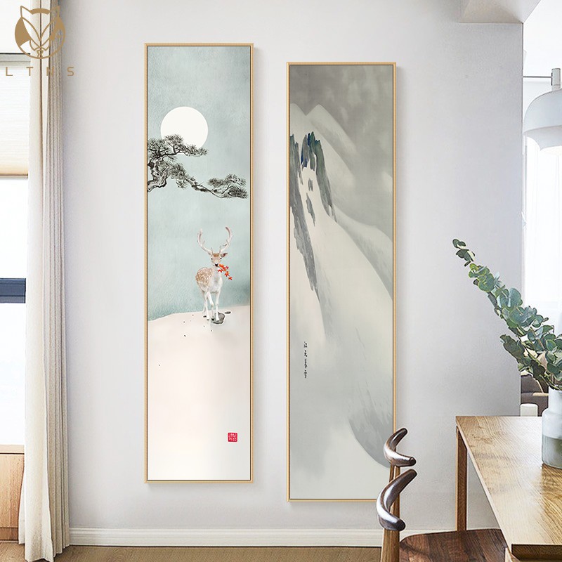 新中式装饰画茶室玄关背景竖版禅意挂画走廊过道楼梯日式荷花壁画图片