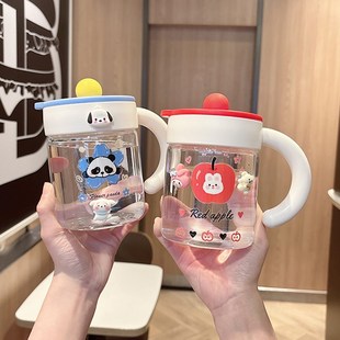 简约透明玻璃杯女生耐高温家用办公室带盖把手水杯学生牛奶早餐杯