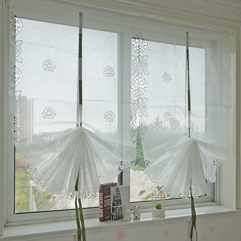白色窗纱提拉帘罗马帘扇形简易厨卫小窗帘免打孔安装魔术贴伸缩杆