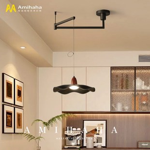 摇臂餐厅灯现代简约餐桌灯极简荷叶飞碟饭厅吧台中古风可移位吊灯