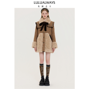 LULUALWAYS我爱露露25冬季 甜美气质拼接毛绒蝴蝶结大衣长外套 新款