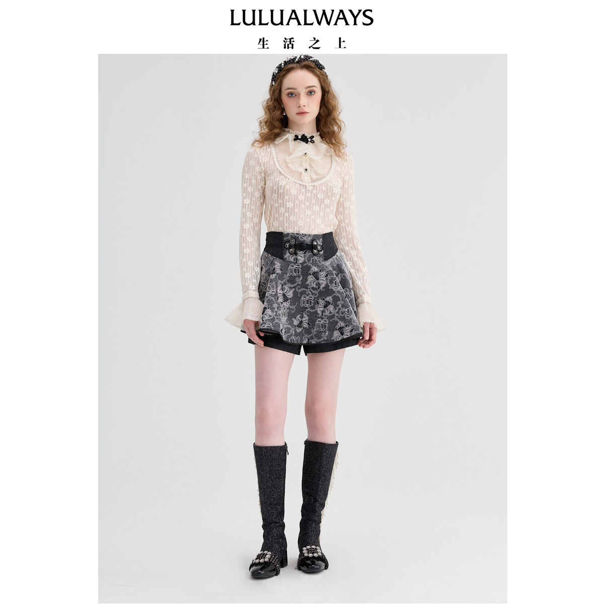 LULUALWAYS【商场同款】24秋季新款气质女人味百搭优雅蕾丝打底衫