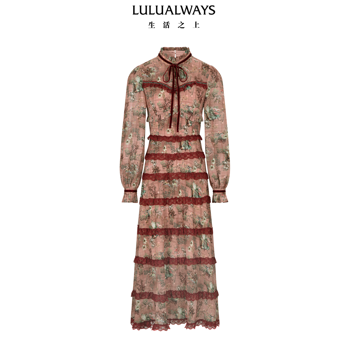 LULUALWAYS我爱露露26春季新款浪漫复古木耳蛋糕裙雪纺长款连衣裙