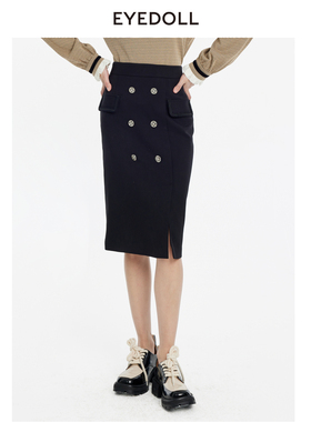 【奥莱】EYEDOLL简约通勤直筒前开叉双排扣黑色长半裙